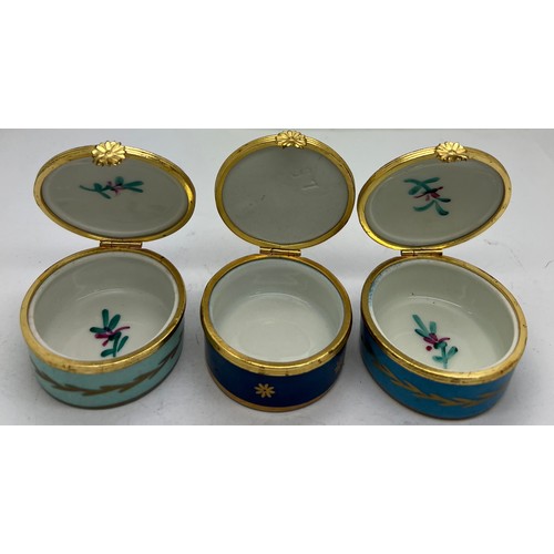 388 - Three Limoges porcelain boxes with gilt mounts. 5cm d.