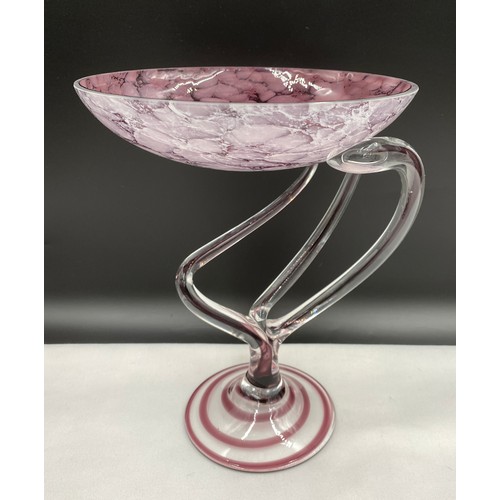 484 - Twentieth century lilac and clear glass three stem twisted centrepiece bowl 28cm h together with two... 