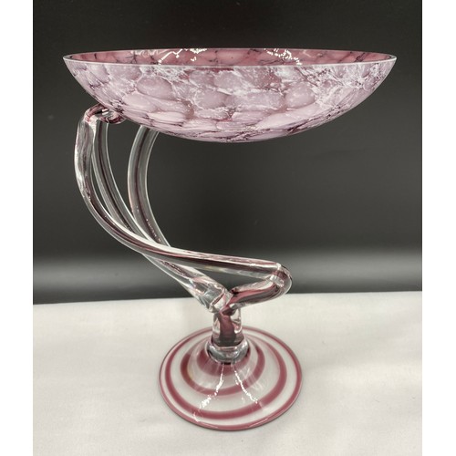 484 - Twentieth century lilac and clear glass three stem twisted centrepiece bowl 28cm h together with two... 