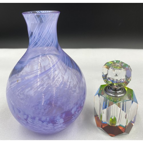 489 - Three glass perfume bottles, to include a Sommerso bottle 11cm h together with a Caithness vase 11cm... 