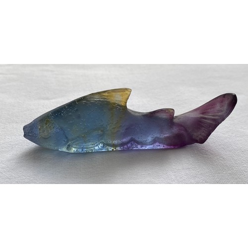 491 - A Daum Nancy pate-de-verre glass model of a fish in blue, yellow and purple colourway signed to base... 