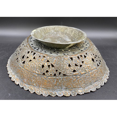 770 - A silver plate and copper pierced bowl with foliate and floral decoration. 32.5cm d .