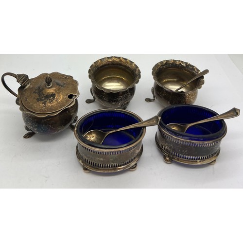 879 - Silver salts, spoons and mustard, various dates and makers. Total silver weight 129gm.