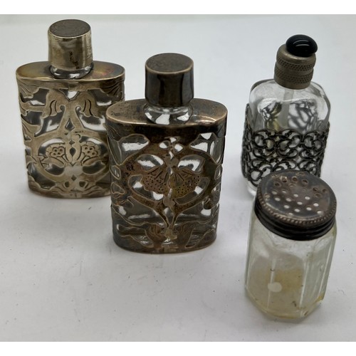 889 - Scent bottles and pepper pot, two glass and white metal marked .925. 6.5cm h.