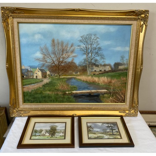 1304 - Bill Makinson oil on canvas signed L.L. Cotswolds scene. Picture size 44.5 x 60cm and 2 smaller oil ... 