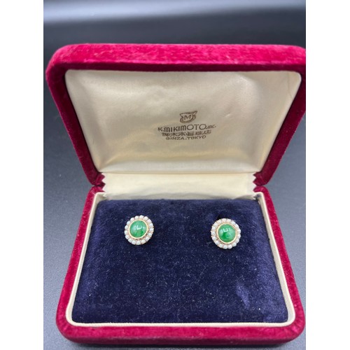 602 - Mikimoto pearl and jade screw on earrings set in 14ct gold with original fitted box. 4.6gm weight. 8... 