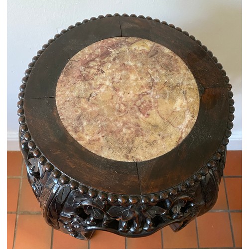 757 - Floral and foliate carved Chinese hardwood stand with marble top on 4 legs. 92cm h x 20cm d at top.