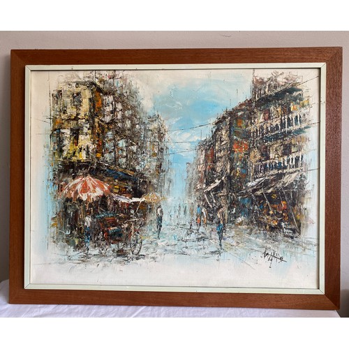 1303 - Oil on canvas of a street scene, image measuring 45cm h x 60 cm w signed O Man, lower left.