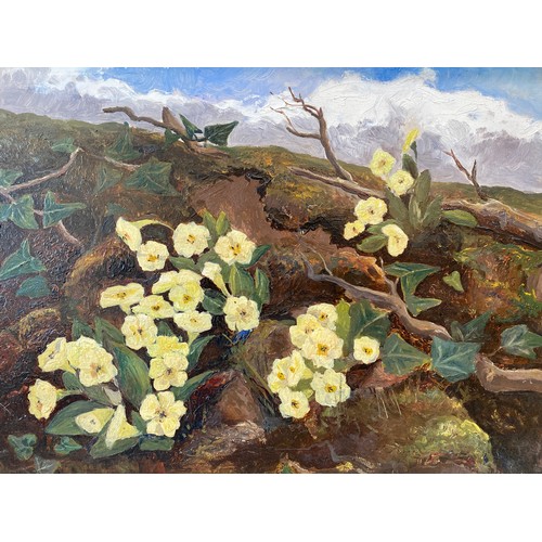 1301 - Oil painting on board of primroses in a heavy gilt frame. No visible signature. Frame size 48cm x 57... 