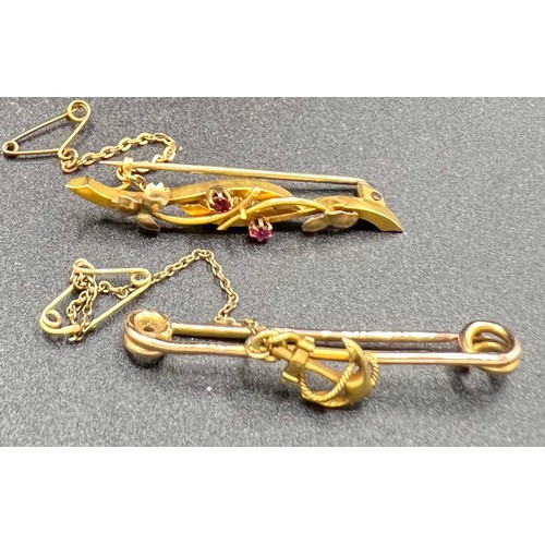 605 - Two bar brooches, one 9ct with 15ct anchor, the other 15ct. 5.8gm total.