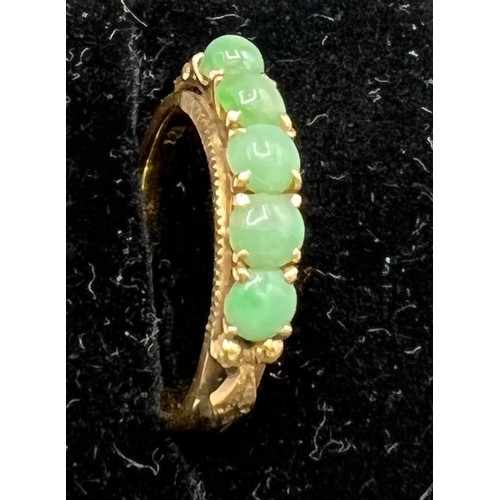 620 - A 22 carat gold ring set with jade, size L, 3.6gm.