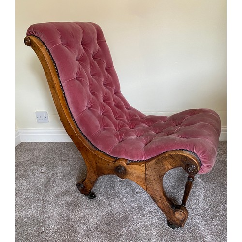 145 - A 19thC scrolled form upholstered chair on castors. 78 h x 47 w x 36cm to seat.