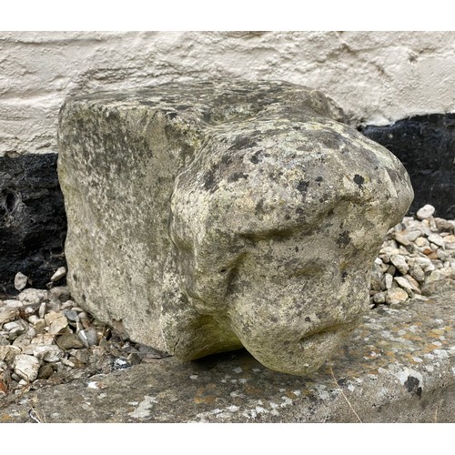 202 - An early stone carving of a head, probably medieval. 23 h x 21 w x 35cm d.