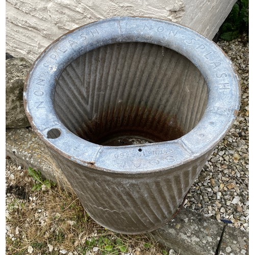 204 - A galvanised dolly tub inscribed 'Non Splash' and 'Soap' to the top rim. 53 h x 49cm diam.