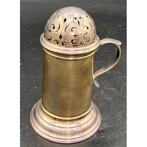 873 - Silver sugar shaker London 1911 maker Mappin and Webb. 11cm h. Weight 106gm.