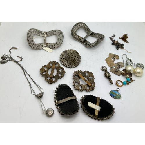 540 - A miscellany to include Georgian buckles, 9ct & silver cufflinks, watch key, pendant marked silver, ... 