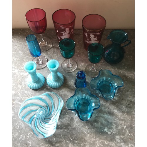 503 - Pair of Mary Gregory Style Cranberry Etched Beakers 11cm h,  with assorted coloured glass pieces inc... 