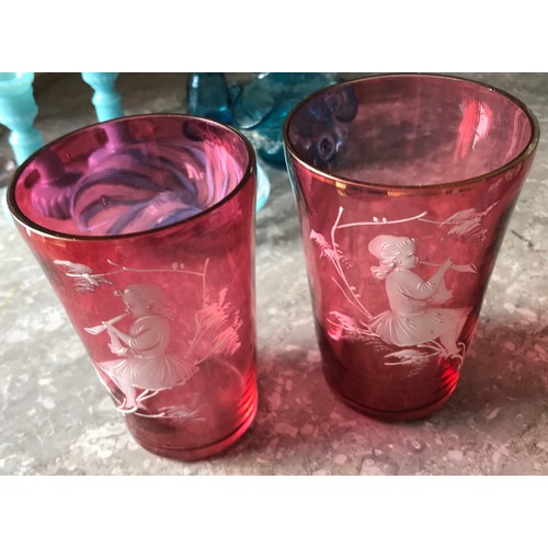 503 - Pair of Mary Gregory Style Cranberry Etched Beakers 11cm h,  with assorted coloured glass pieces inc... 