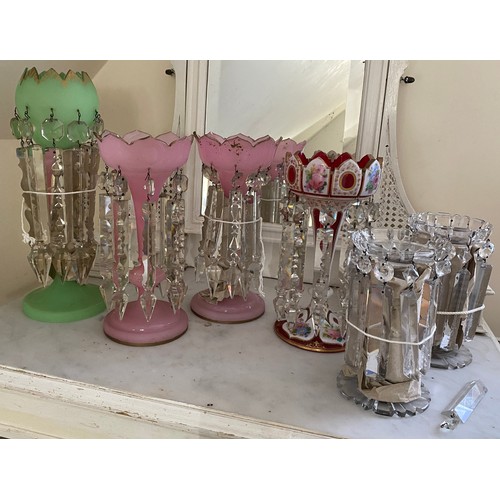 505 - Assortment of glass lustres , a pair of pink, a pair of clear, one green and one Bohemian. Total 6.