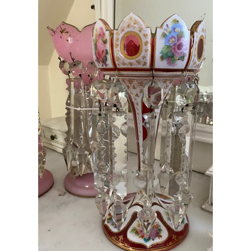 505 - Assortment of glass lustres , a pair of pink, a pair of clear, one green and one Bohemian. Total 6.