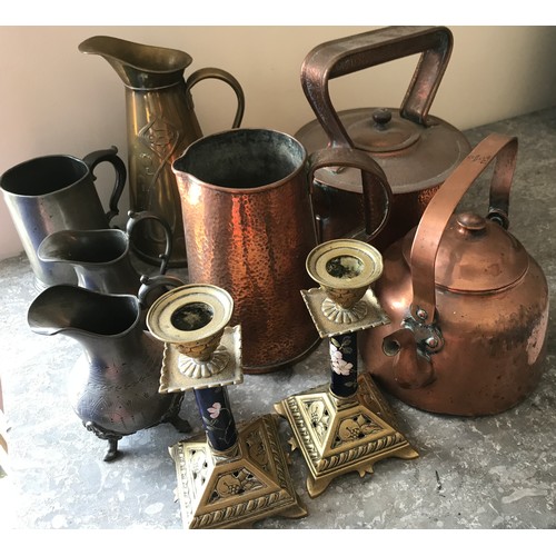 938 - Selection of brass, pewter and copper including pair of candlesticks, enamel stem, 2 copper kettles,... 