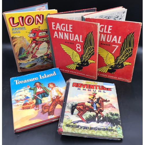 951 - Five children's books to include Eagle Annuals 7 and 8, Treasure Island, OKAY Adventure Annual and L... 