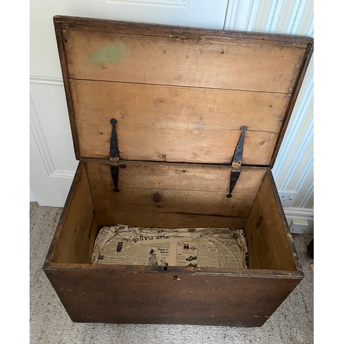 77 - A 19thC pine box with metal handles to sides.