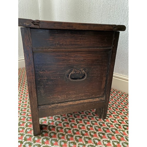 78 - An 18thC oak coffer with carving to frieze and panels. Metal handles to sides. 97 w x 48 d x 59cm h.