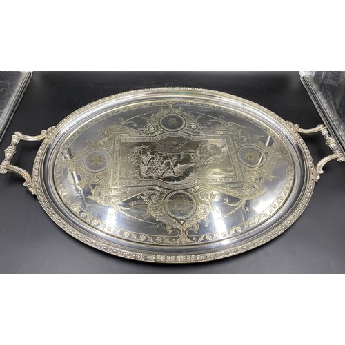 785 - Three good quality large silver plate trays, largest 73cm x 49cm and engraved 