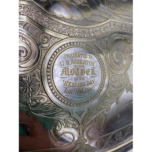 785 - Three good quality large silver plate trays, largest 73cm x 49cm and engraved 