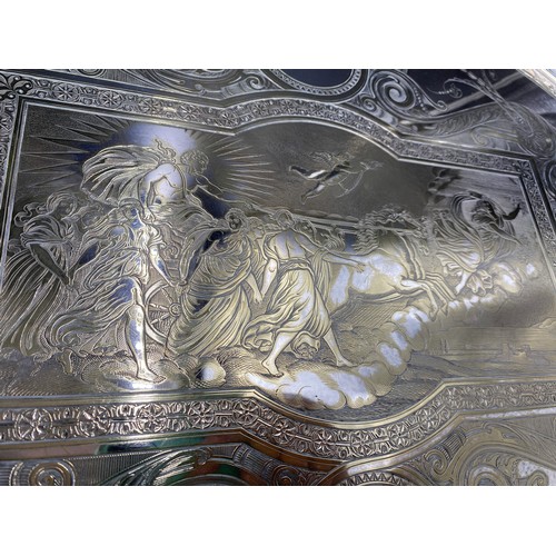 785 - Three good quality large silver plate trays, largest 73cm x 49cm and engraved 