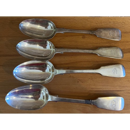 798 - Four silver tablespoons London 1852 maker George Aldwinckle. Total weight 317gm. Initials to top.