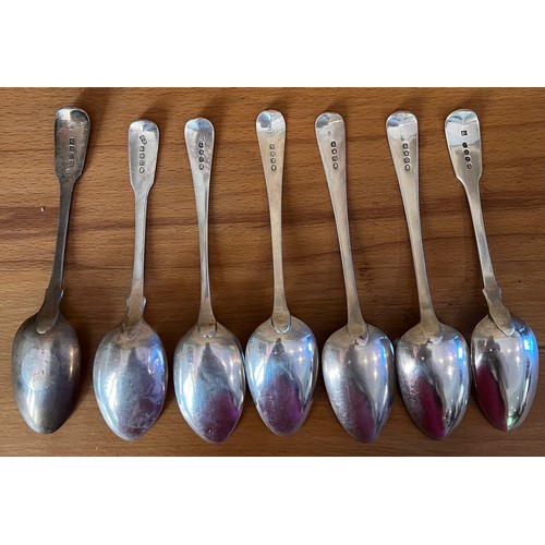 800 - Seven Georgian silver desert spoons, various dates and makers. Total weight 253gm. Some initialled t... 