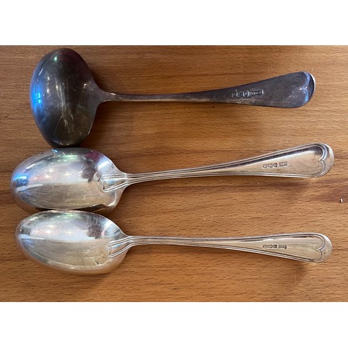 801 - Two silver tablespoons Sheffield 1922 maker Walker & Hall and ladle Sheffield 1899 maker James Dixon... 