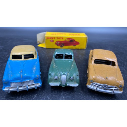 980 - Three Dinky toys to include Jaguar XK120 Coupe 157, Ford Sedan 170 (both boxed), and a Hudson Sedan.