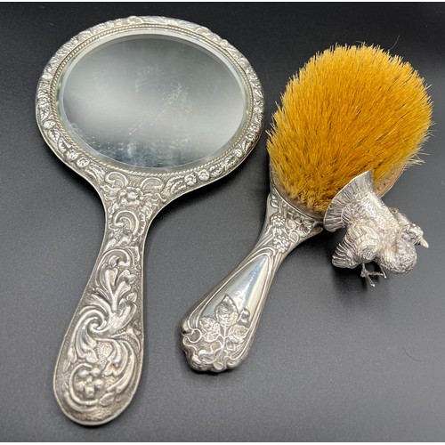 790 - Silver backed mirror Chester 1904, maker George Nathan & Ridley Hayes and continental silver turkey ... 