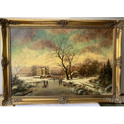 1280 - Stephan De Hann (b 1914) oil painting on canvas in a gilt composite frame signed LR. Dutch winter la... 