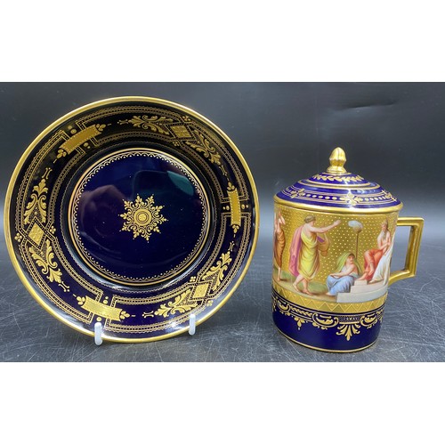 288 - Austrian gilt hand painted and cobalt blue glazed porcelain to include a pair of vases depicting mai... 