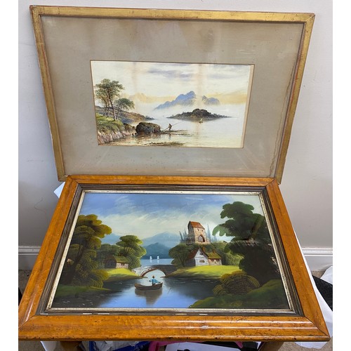 1279 - Two paintings, one oil on board depicting a naive oriental scene in a maple frame 39cm h x 60cm w, t... 