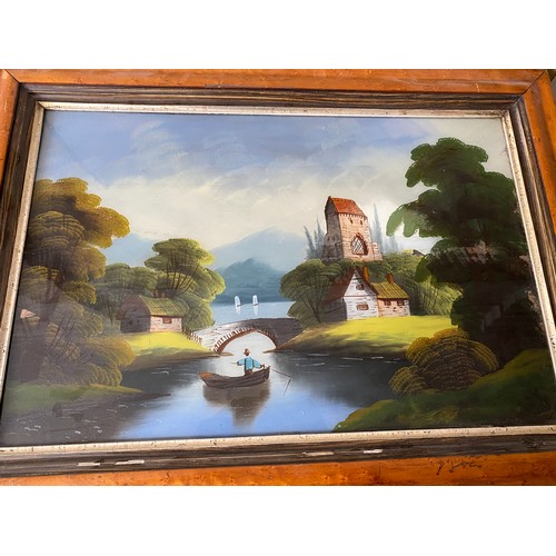 1279 - Two paintings, one oil on board depicting a naive oriental scene in a maple frame 39cm h x 60cm w, t... 