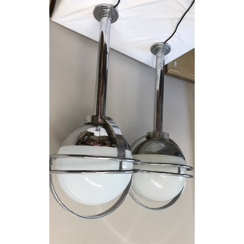 1075 - Pair of very large hanging Art Deco chrome lights 92cm h with shades, approx 38cms h x 37cm diameter... 