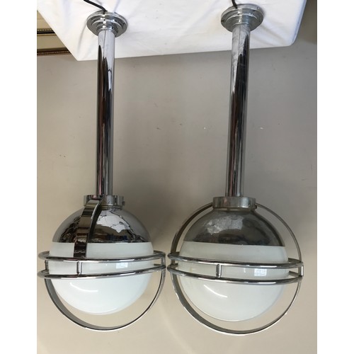 1075 - Pair of very large hanging Art Deco chrome lights 92cm h with shades, approx 38cms h x 37cm diameter... 