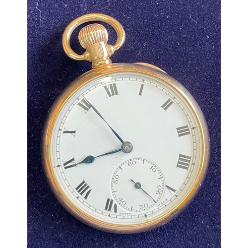 911 - A 9ct gold cased pocket watch. Dennison watch case company. 5cm d. 84gm.