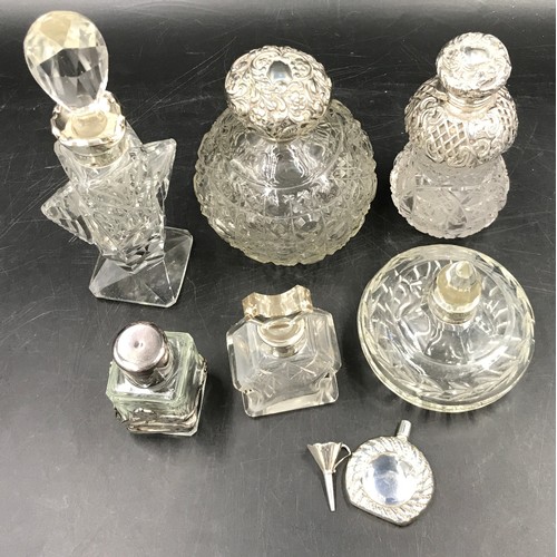 813 - Collection of 6 perfume containers, 5 with silver collars, 17.5cm tallest, smallest solid silver mar... 