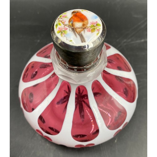 814 - Bohemian cased white to cranberry glass perfume bottle with silver collar probably Birmingham 1905 b... 