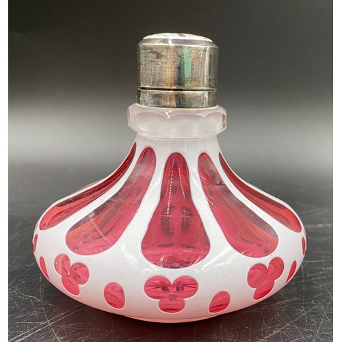 814 - Bohemian cased white to cranberry glass perfume bottle with silver collar probably Birmingham 1905 b... 