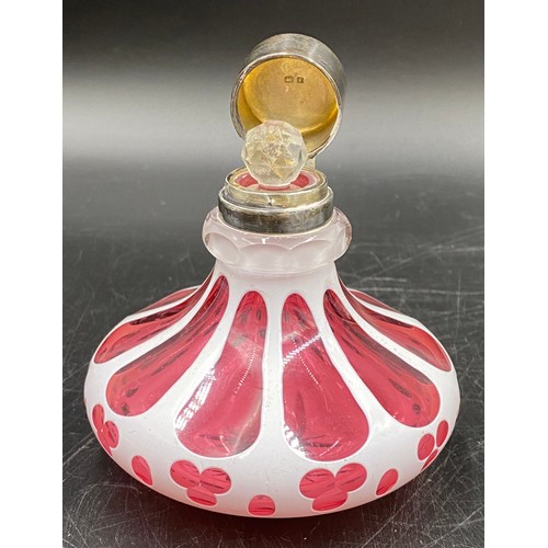 814 - Bohemian cased white to cranberry glass perfume bottle with silver collar probably Birmingham 1905 b... 