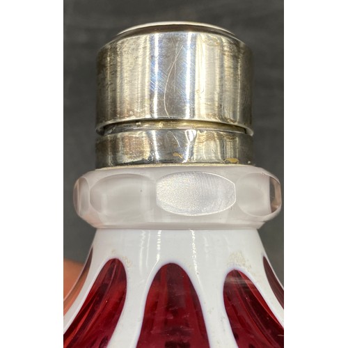 814 - Bohemian cased white to cranberry glass perfume bottle with silver collar probably Birmingham 1905 b... 