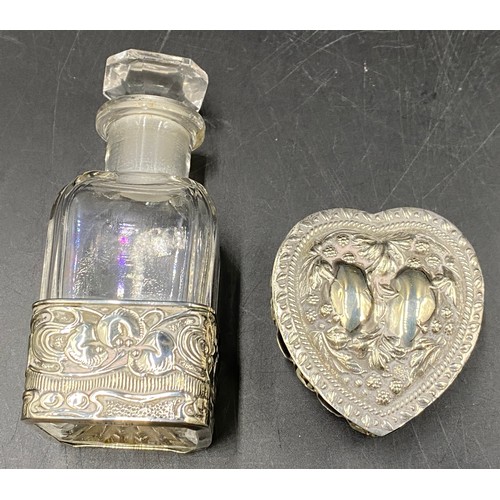 815 - A cut glass perfume bottle and stopper with square silver art nouveau design band to base, Birmingha... 