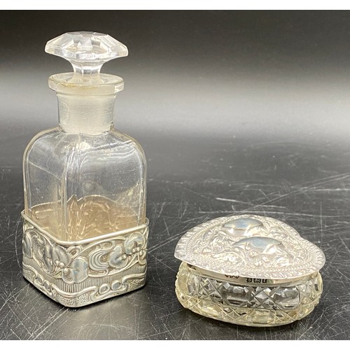 815 - A cut glass perfume bottle and stopper with square silver art nouveau design band to base, Birmingha... 